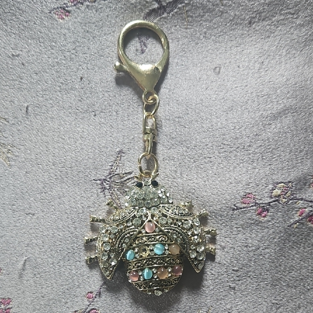 Rhinestone Beetle Keychain Charm - Gold Tone with Pastel Gems